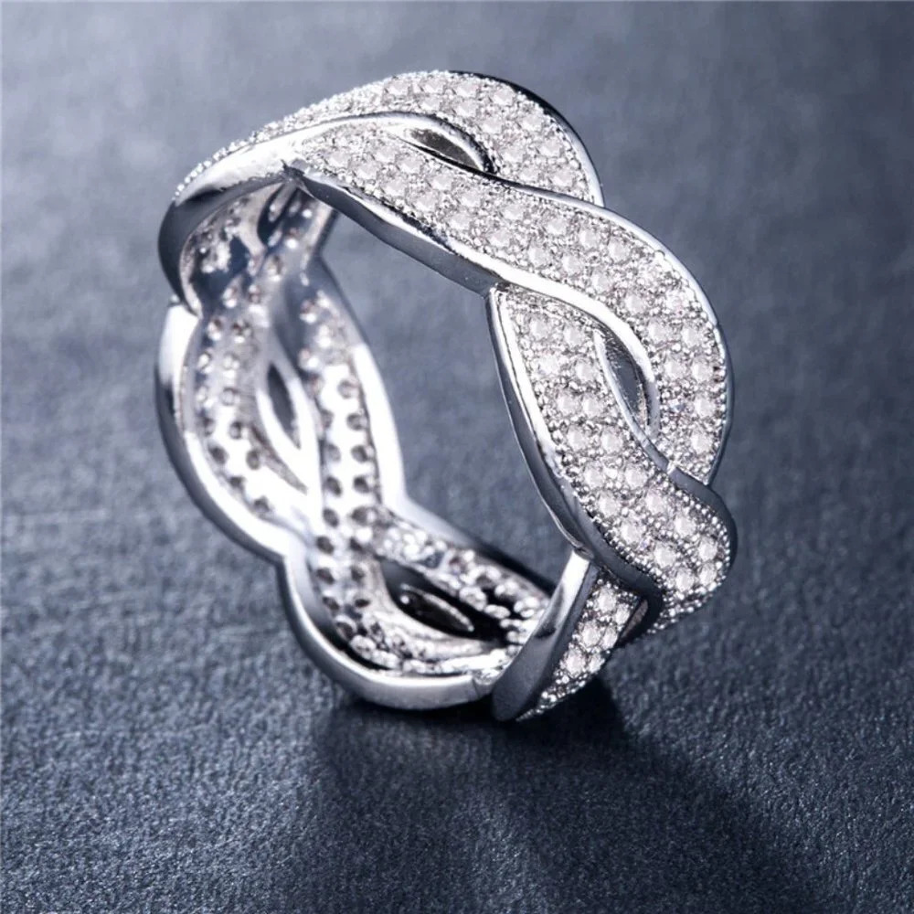 ✨Wave Crystal Zircon Romantic Iced Out Silver Plated Diamond Ring, UNVN12359